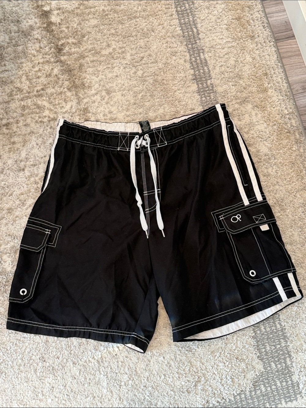 OP Y2K Black Swim Shorts with white Trim- Swim Trunks